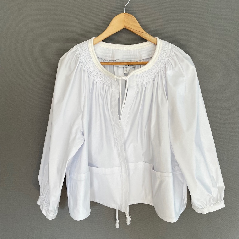 SARA CAMPBELL Women’s Large White Millennium Jacket Cropped Smocked Neckline NEW